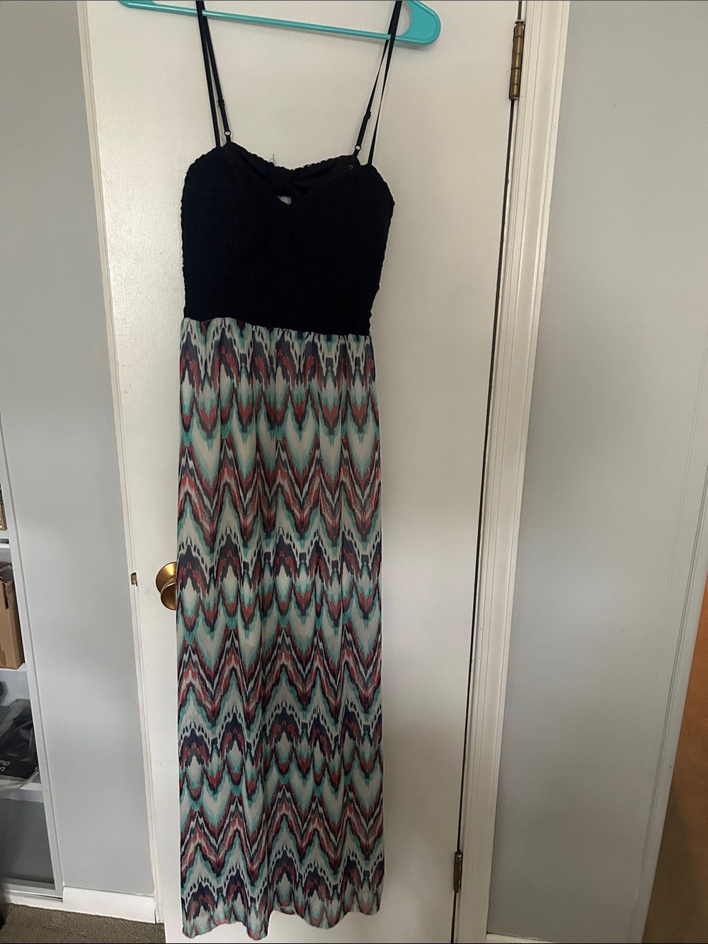 Black & Teal Patterned Maxi Dress with Spaghetti Straps